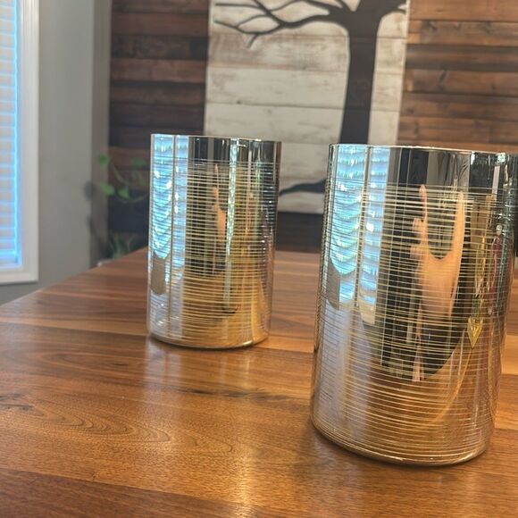 Crate & Barrel Glass Silver Stripe Pillar Pair of Candle Holders - Picture 2 of 8